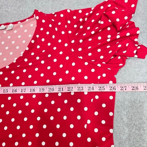 Susan Graver Midi Dress 2XP‎ Red Polka Dot V Neck Flutter Sleeve Liquid Knit - Picture 5 of 9